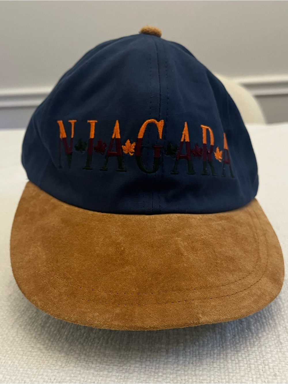 Vtg 1990s Niagara Embroidered Hat Suede Bill Leather Strap Navy Blue Cap